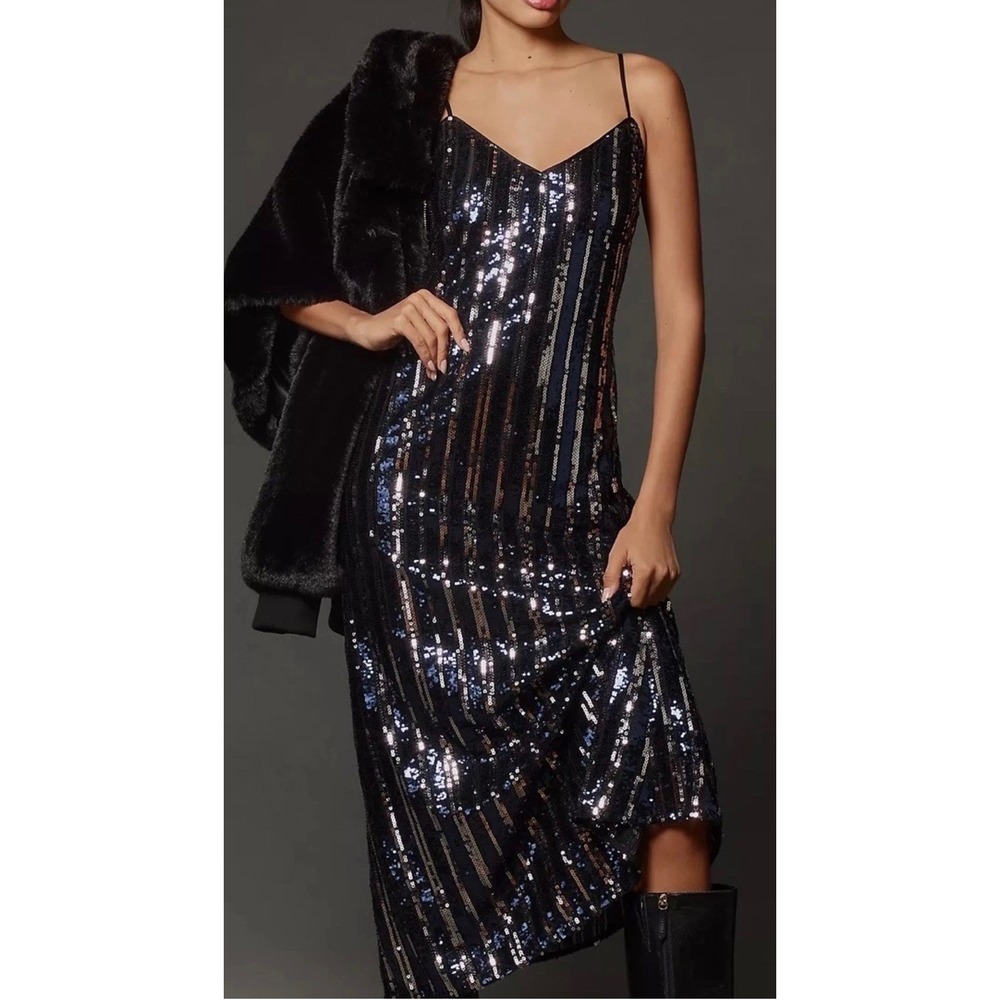 Anthropologie Maeve Sequin Midi Dress Striped Cocktail Party Womens XS Navy